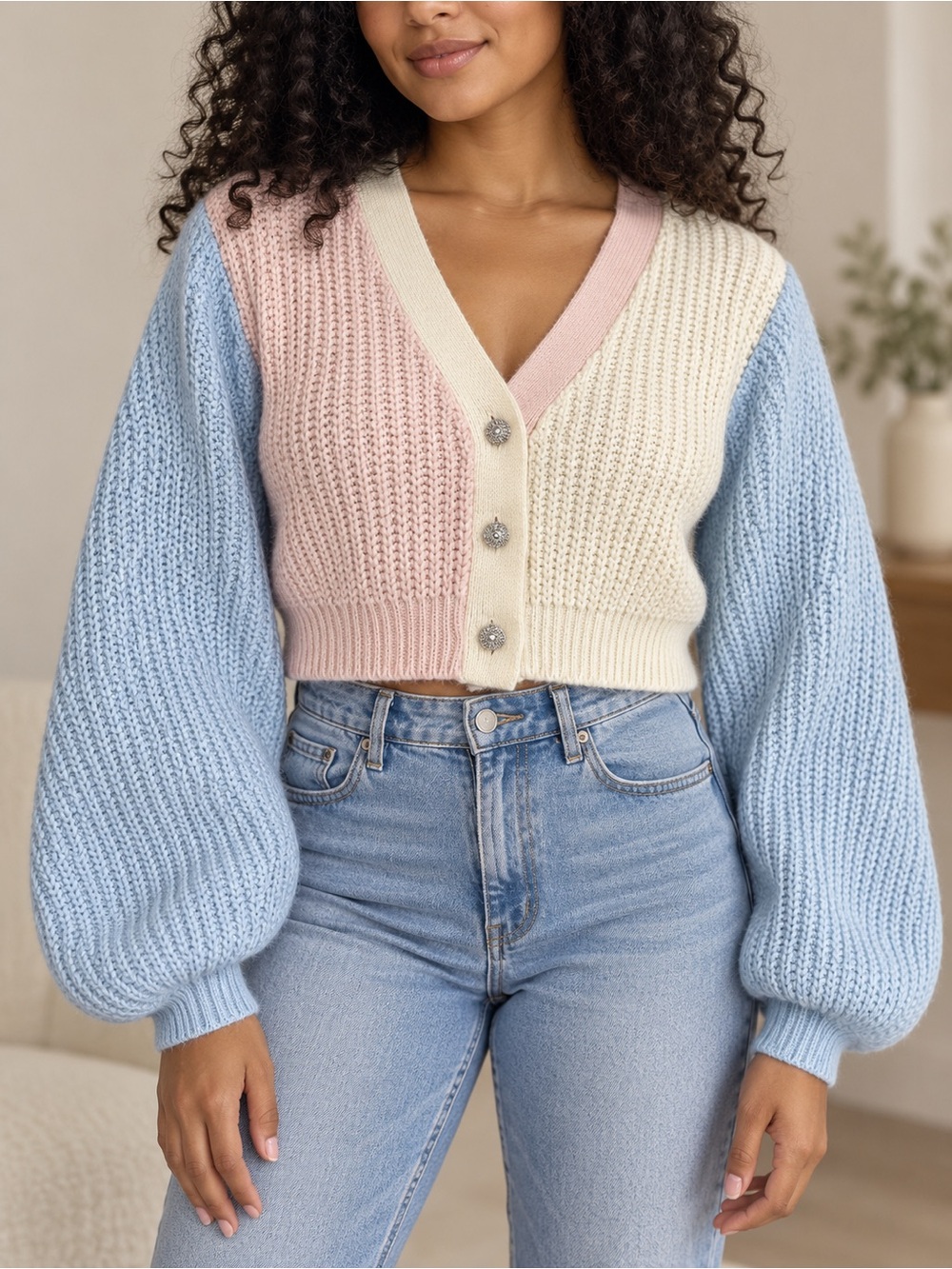 SO Pastel Colorblock Cropped Cardigan - Pink, Cream & Light Blue